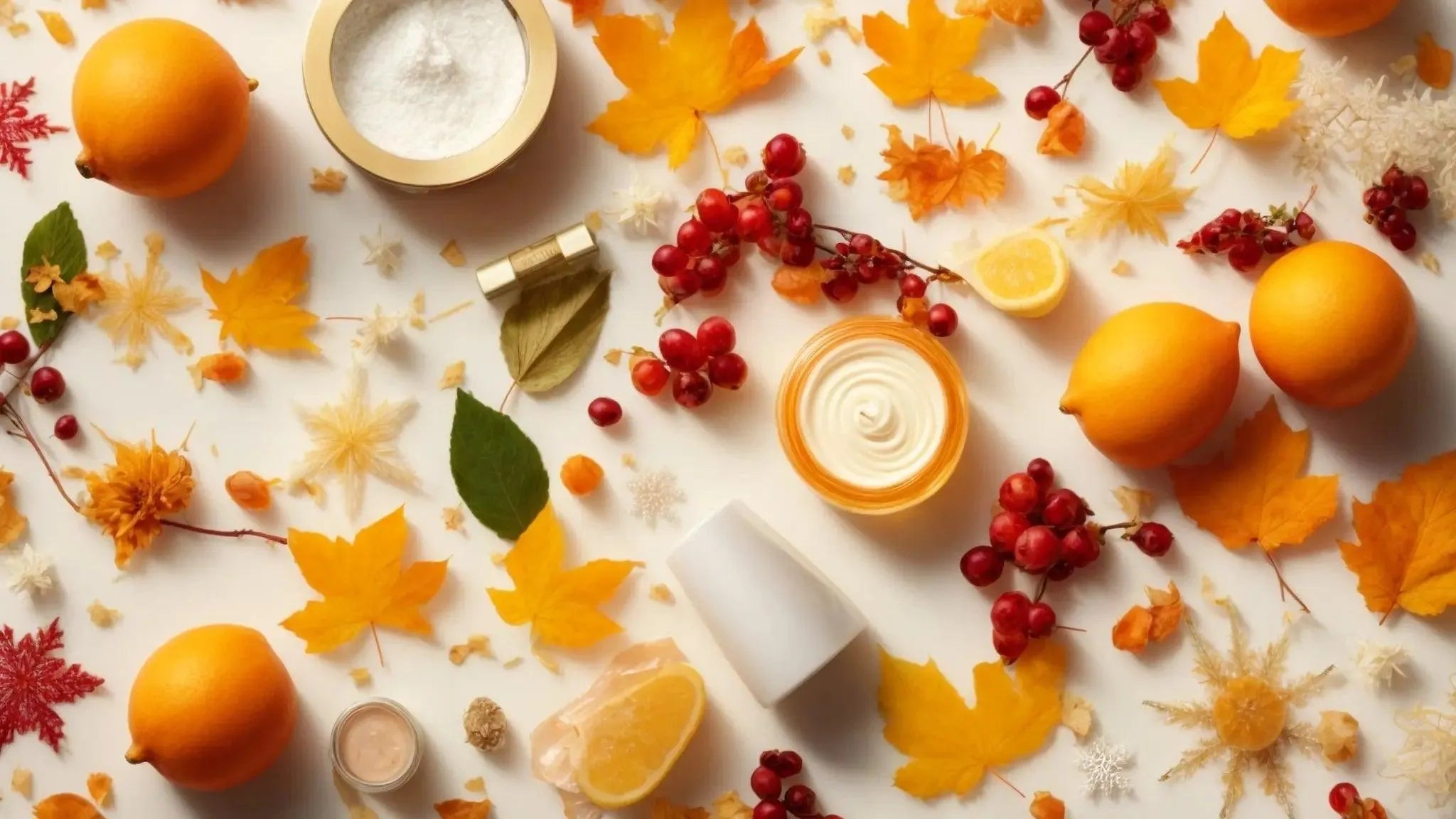 Seasonal skincare scene with autumn leaves